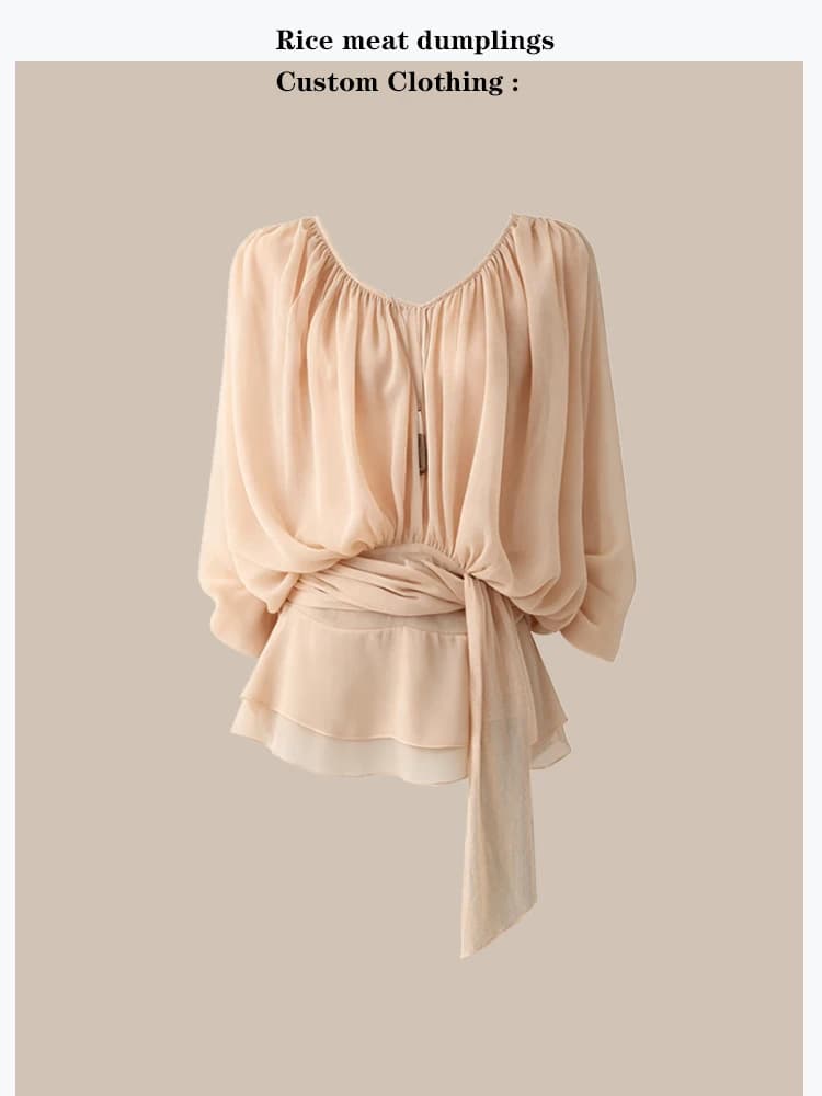 Elegant Grey Orange Shirt Bow Belt Layered Ruffle Shoulder Slim Fit Women's Long Sleeve V-Neck Mid-Length Lantern Sleeve Blouse