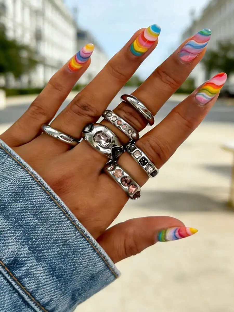 Set di 6 anelli aperti regolabili con strass rosa e neri, gioielli di tendenza per donna, per feste e uso quotidiano.