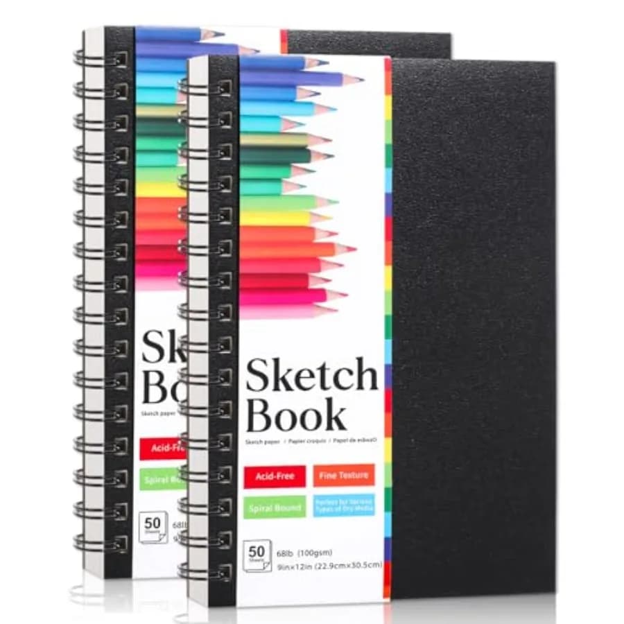 9" x 12" Sketch Book, 2-Pack 50 Sheets Top-Spiral Bound Sketchbook Drawing Pad, 100gsm Perforated Pages Art Supplies for Beginn
