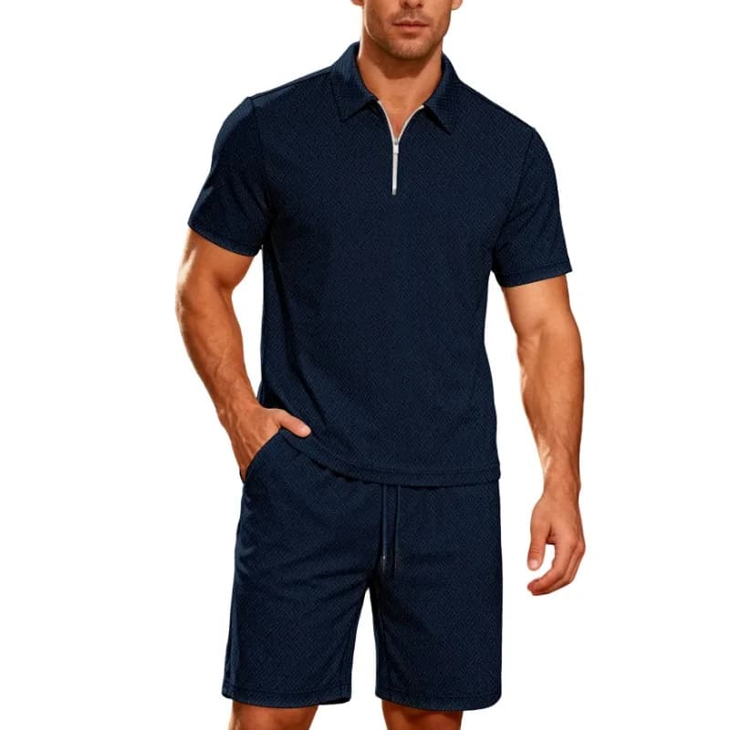 Men Textured Zip Polo Two Piece Set Summer Business Casual Sports Shorts Outfit