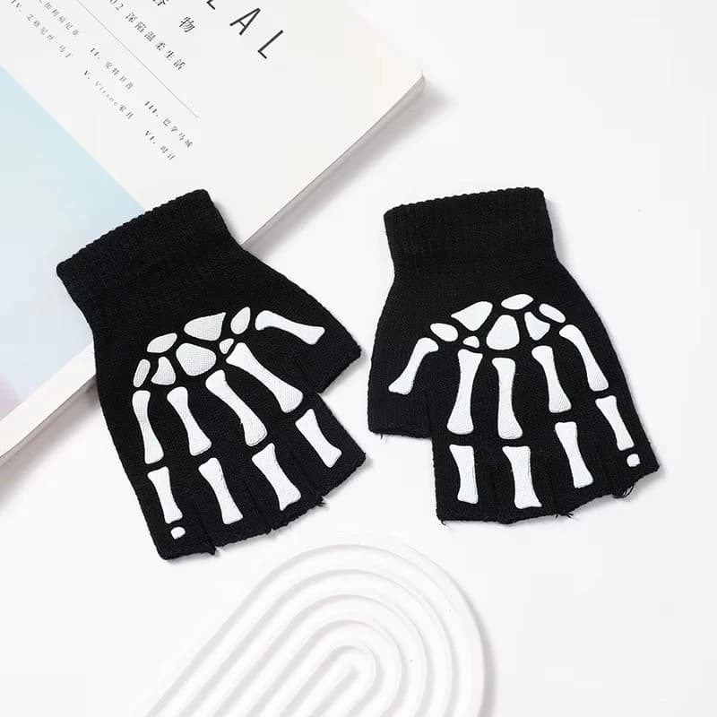 2/6pairs Gloves New Adult Kids Halloween Skeleton Skull Half Finger Luminous Punk Gloves Winter Skull Fingerless Black Mitten