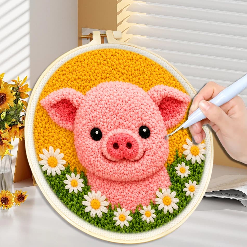 Cute Pink Pig Punch Needle Kit Full Supplies Cartoon Animal Embroidery Hoop Art For Beginner DIY Craft Gift for Mom Friend `