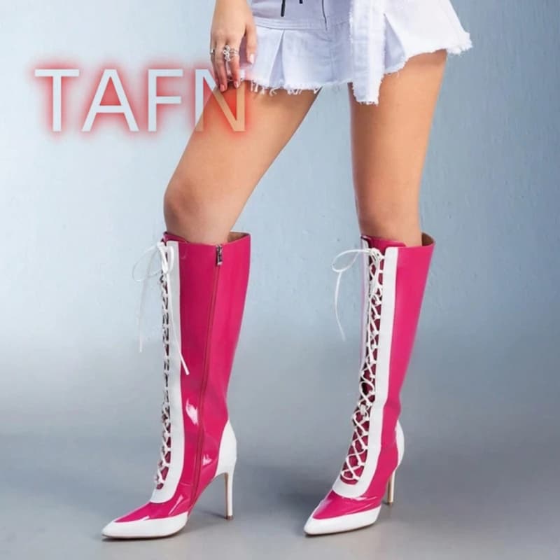 Stivali alti al ginocchio in pelle verniciata da donna Tacchi alti a spillo Stivali stringati Scarpe da donna fatte a mano lucide Donna Taglie forti 44