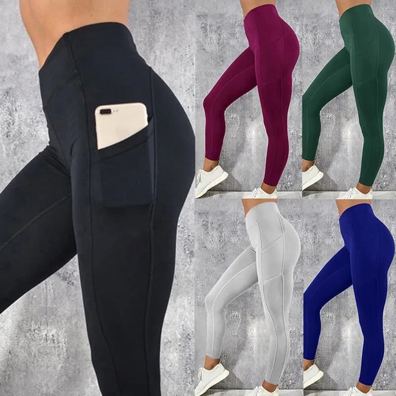 Women High Waist Stretch Yoga Leggings Side Phone Pocket Running Fitness Sports Pants