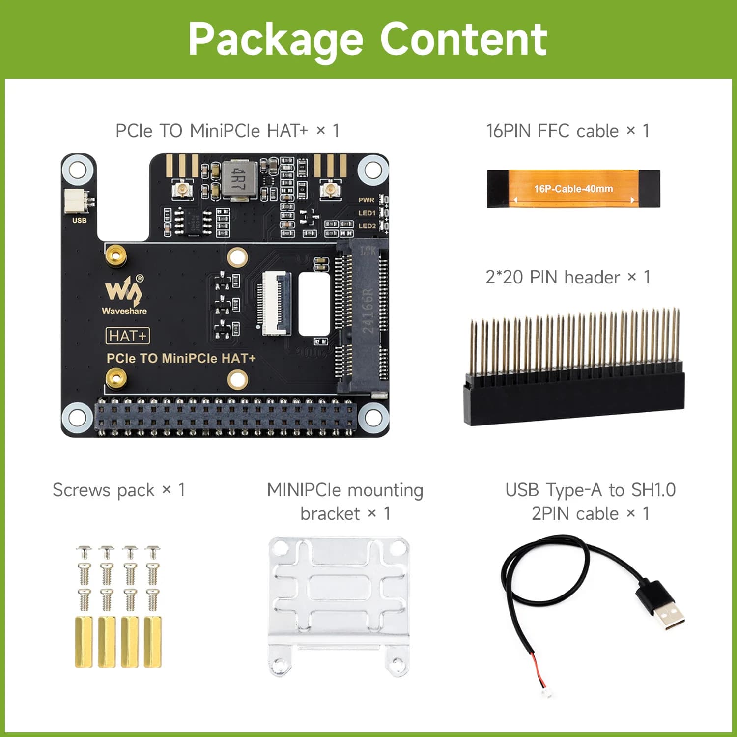 Waveshare PCIe TO MiniPCIe Adapter For Raspberry Pi 5, Compatible With MiniPCIe Wireless NIC, Driver-Free, Plug And Play