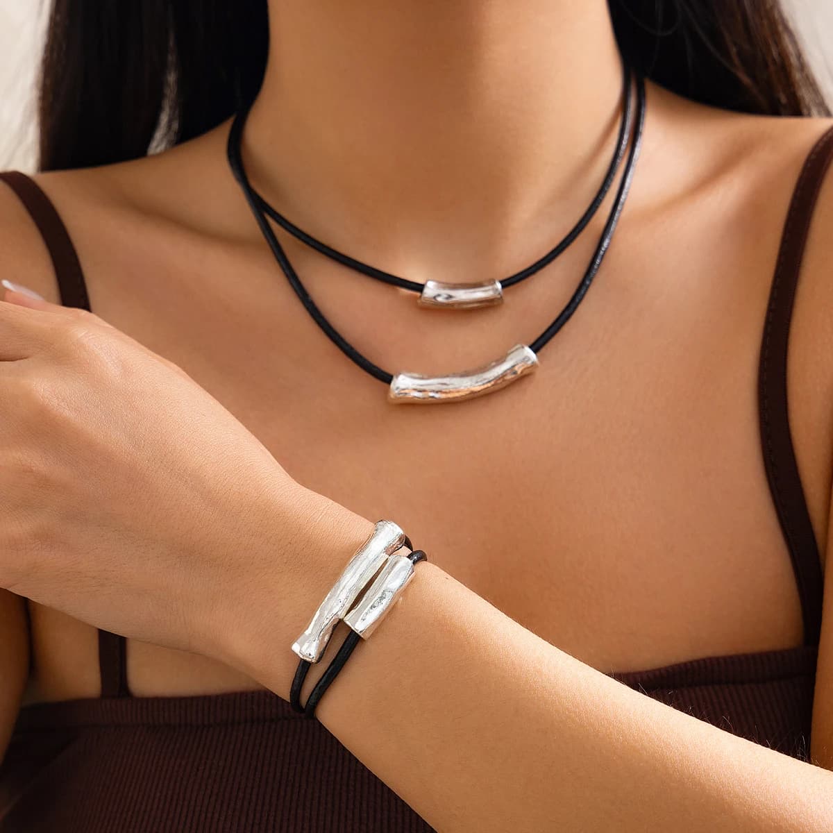 PuRui Bracciale per collana regolabile con filo di cera in pelle nera a doppio strato alla moda da donna, completo di gioielli estetici versatili quotidiani