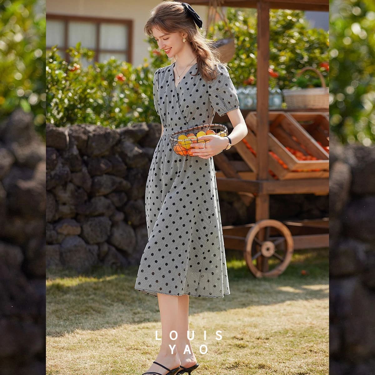 LOUISYAO 2026 Summer Fashion Polka Dot Dress Retro V-Neck Shoulder Bubble Sleeve Slim Long Women Dress