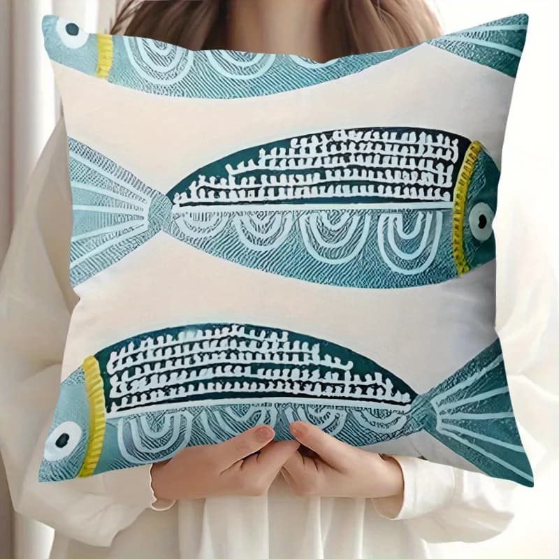 Fodera per cuscino decorativa a doppio lato con motivo a pesci in stile costiero, motivo marino, arte oceanica, per divano e decorazioni per la casa
