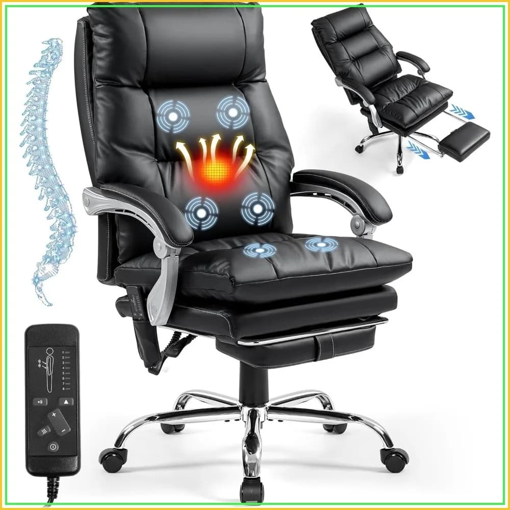 Ergonomic Massage Office Chair with Foot Rest, 400LBS Capacity, High Back Reclining Leather Desk Chair, 135° Recline, Heat & Vibration