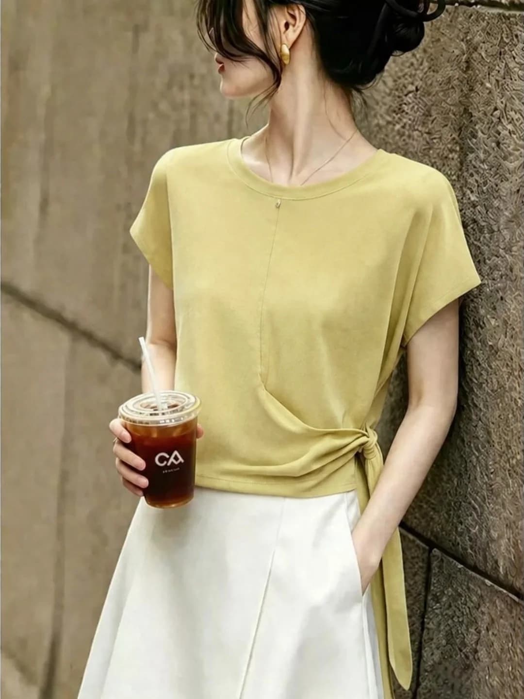 Summer Fashionable Short Sleeve T-Shirt Women's Waist-Cinching Belted Design Versatile Slimming Top Commute Style Pure Color