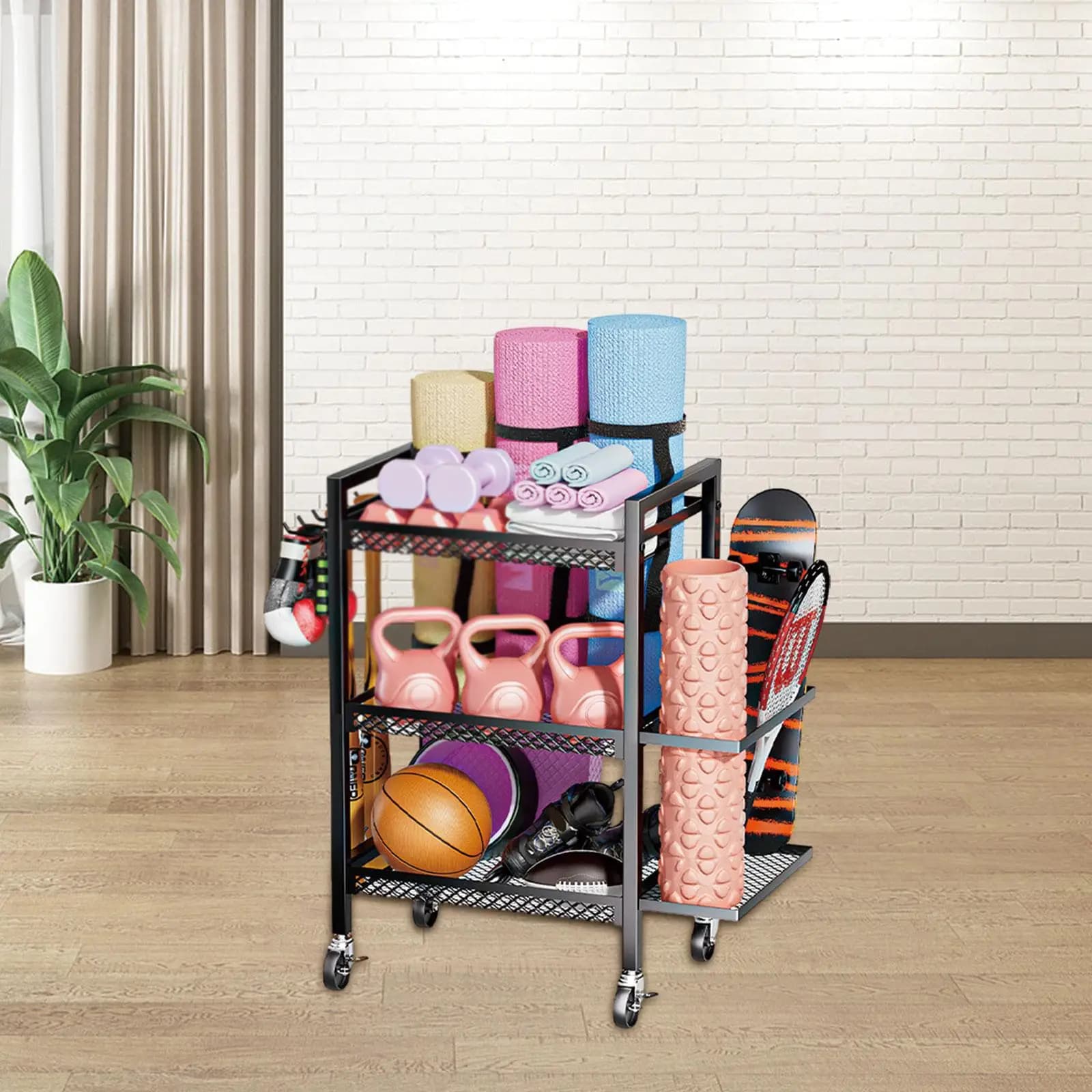 3 Tiers Exercising Mat Storage Rack Fitness Equipment Organizer with Hooks for Home Gym Kettlebells NM289