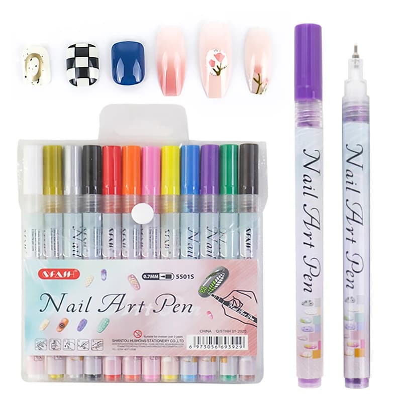Set di 12 Penne per Nail Art con Punta da 0,5mm, Pennarelli per Unghie ad Asciugatura Rapida, Penne a Ago per Manicure Fai-da-Te e Design Nail Art