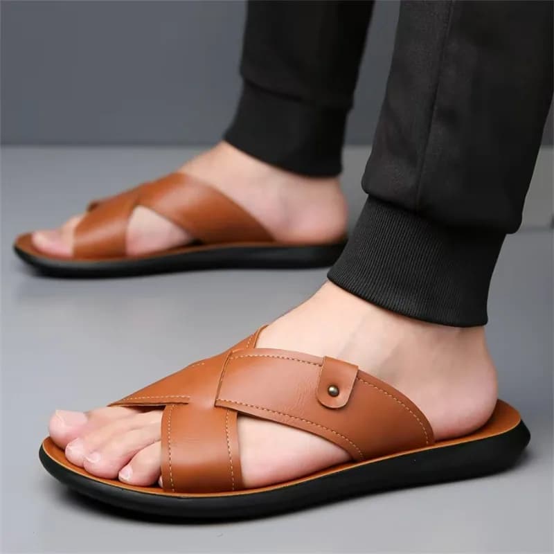 New Arrivals Italian Leather Slippers for Men Summer Hotel Beach High Quality Slip on Light Flats Male Flip Flops Big Size 38-47