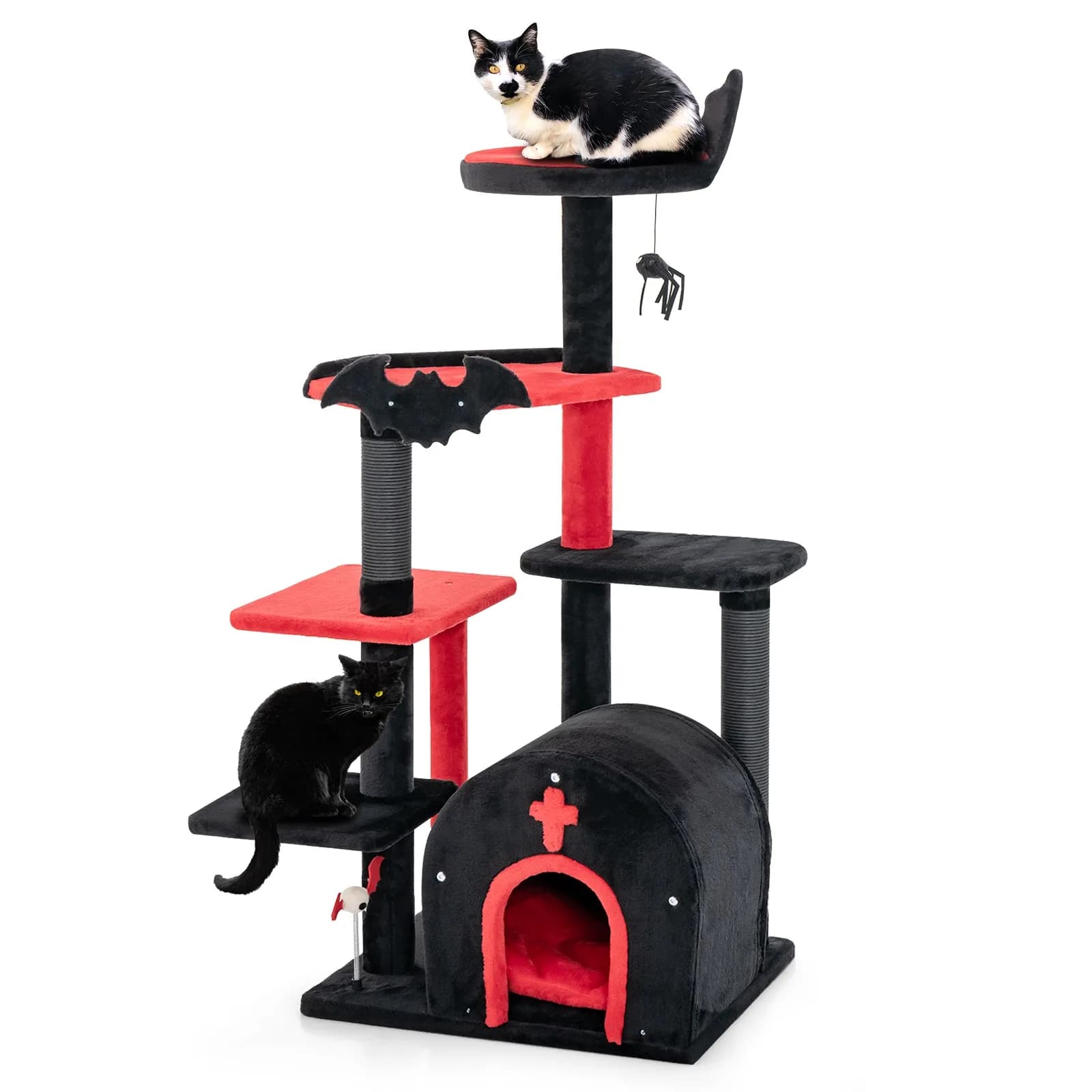 Albero per gatti gotico a 6 livelli, 135 cm di altezza, con cuccia e casetta a forma di arco con pompon