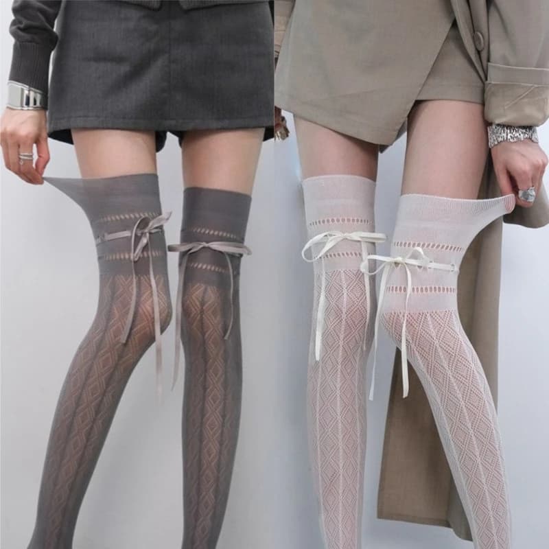 New Straps Design Grey White Long Socks Women's Sexy Summer Thin Fishnet Stockings Hottie Slim High Stretch Thigh High Stockings
