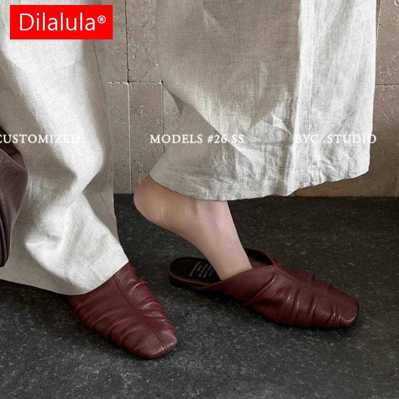 Dilalula 2026 New Women's Slippers in Vera Pecora Leather with Punta Chiusa and Tacco Basso, Soft and Comfortable for Summer