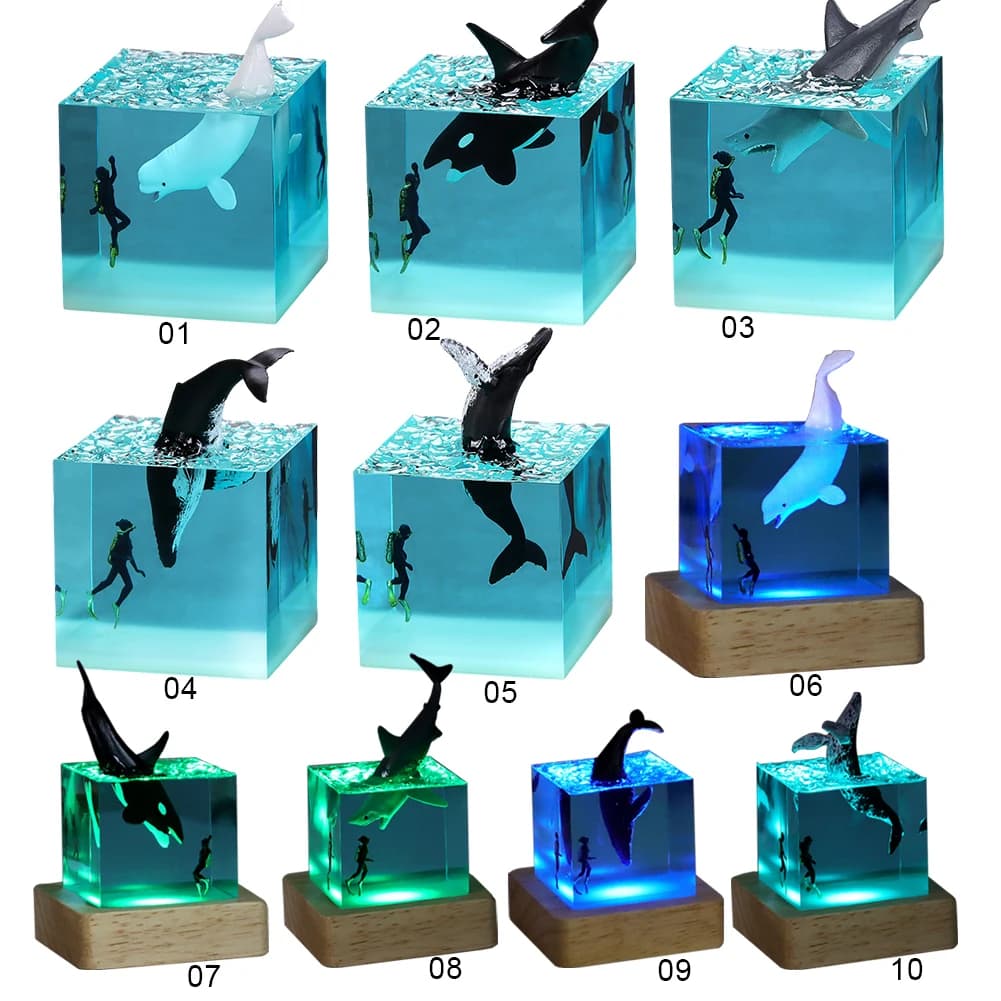 Micro Landscape Whale Diver Model Marine Whale Cube Ornament resina epossidica Ocean Shark Diver figure decorazione LED Night Light
