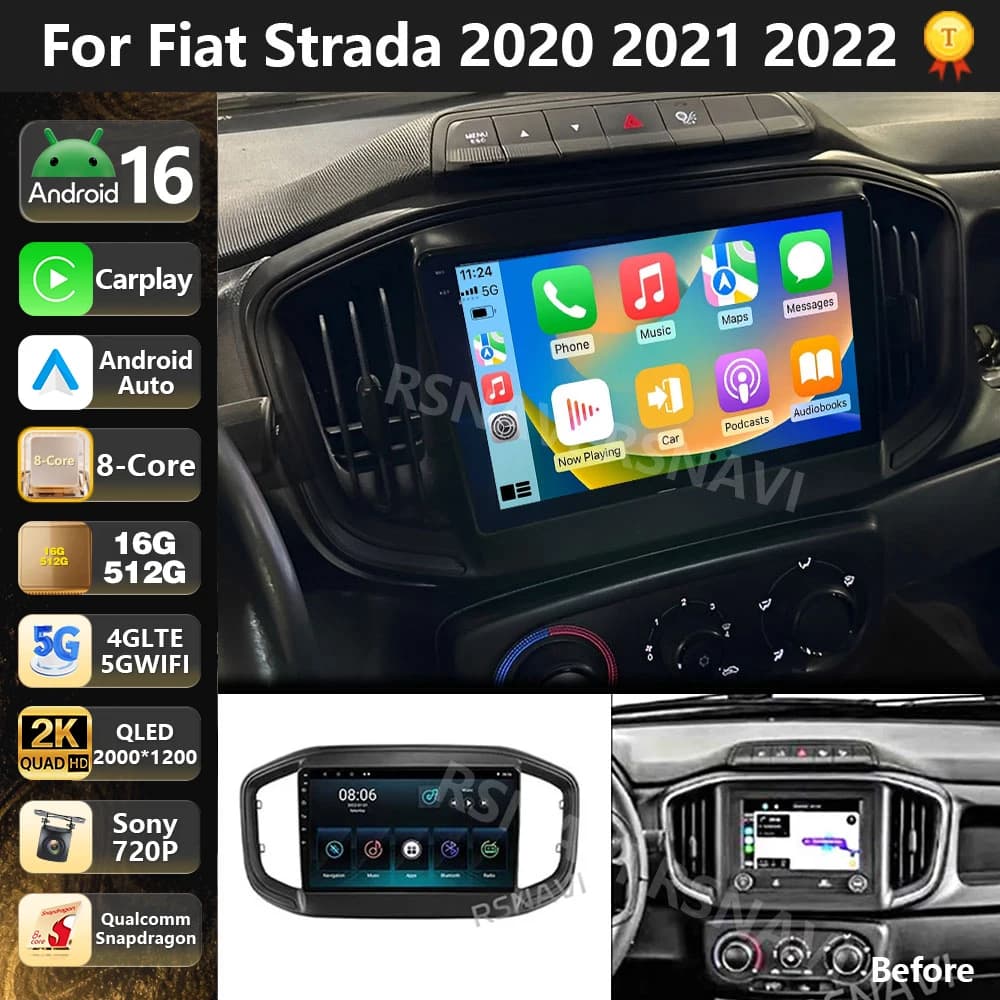 Autoradio Multimediale Android 15 Qualcomm per Fiat Strada 2020-2022, Carplay Wireless, Stereo Auto con DSP, WiFi+4G, BT, GPS