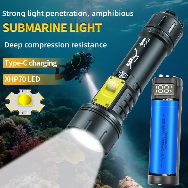New XHP70 Diving Flashlight Waterproof IPX8 Waterproof Digital Refill Case High Intensity Double Use