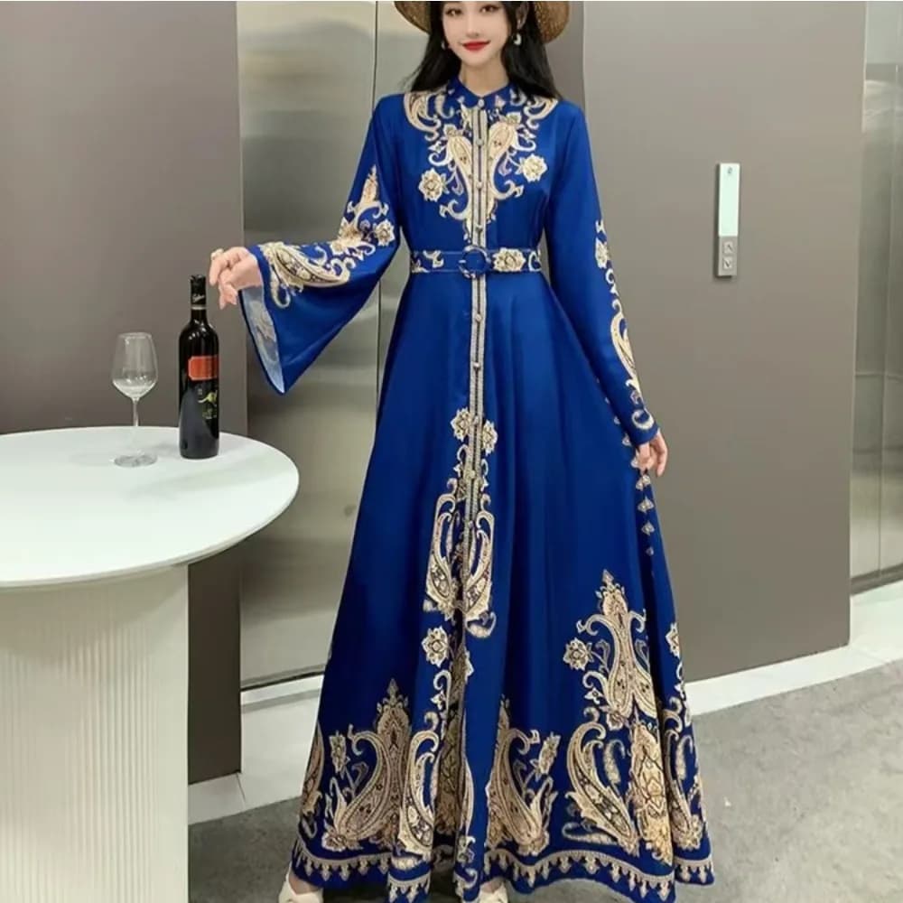 Eid Muslim Party Dress for Women, Printed, With Bell Sleeves, Abaya Ramadan, Belt, Moroccan Caftano, Largos Dresses, Dubai Tunica, Jalabiya 2026