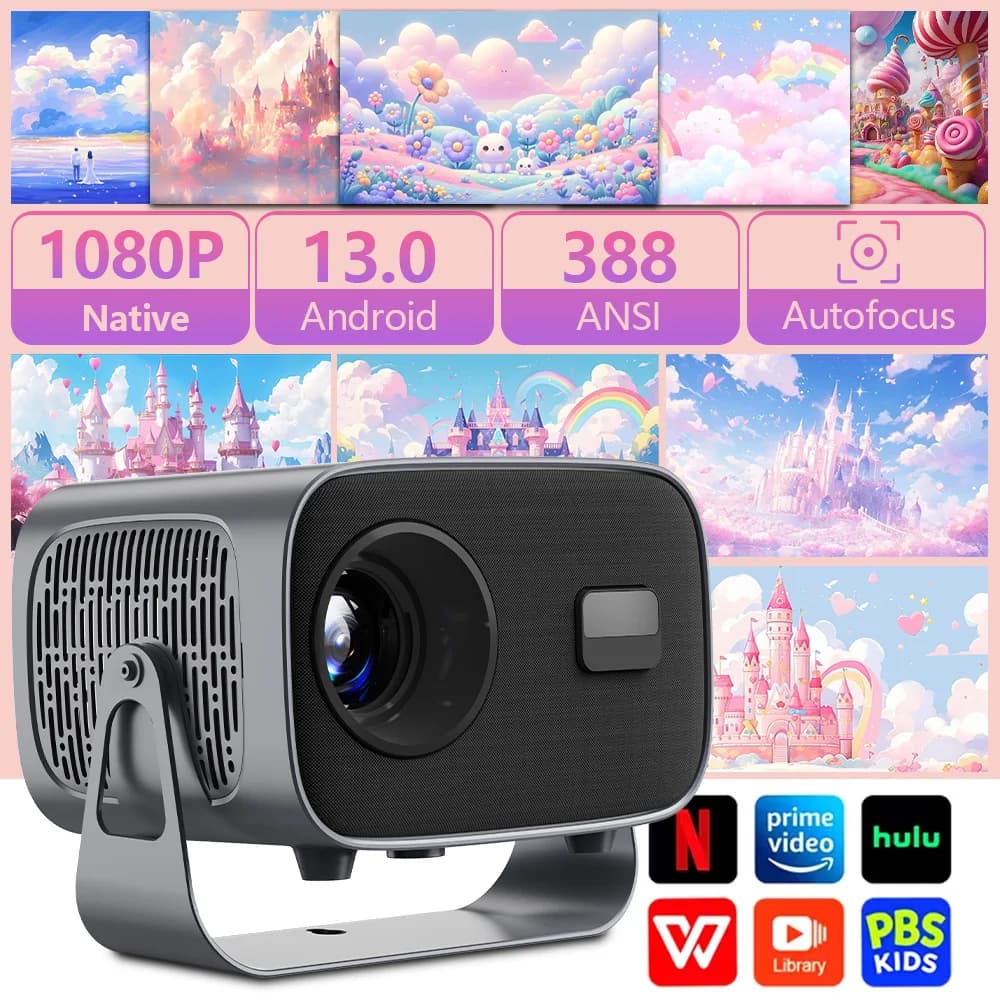 Proiettore A10 Mini 4K Android 13 WiFi6 BT5.0 388ANSI 1080P Portatile per Home Cinema e Cinema all'Aperto con Altoparlante Integrato
