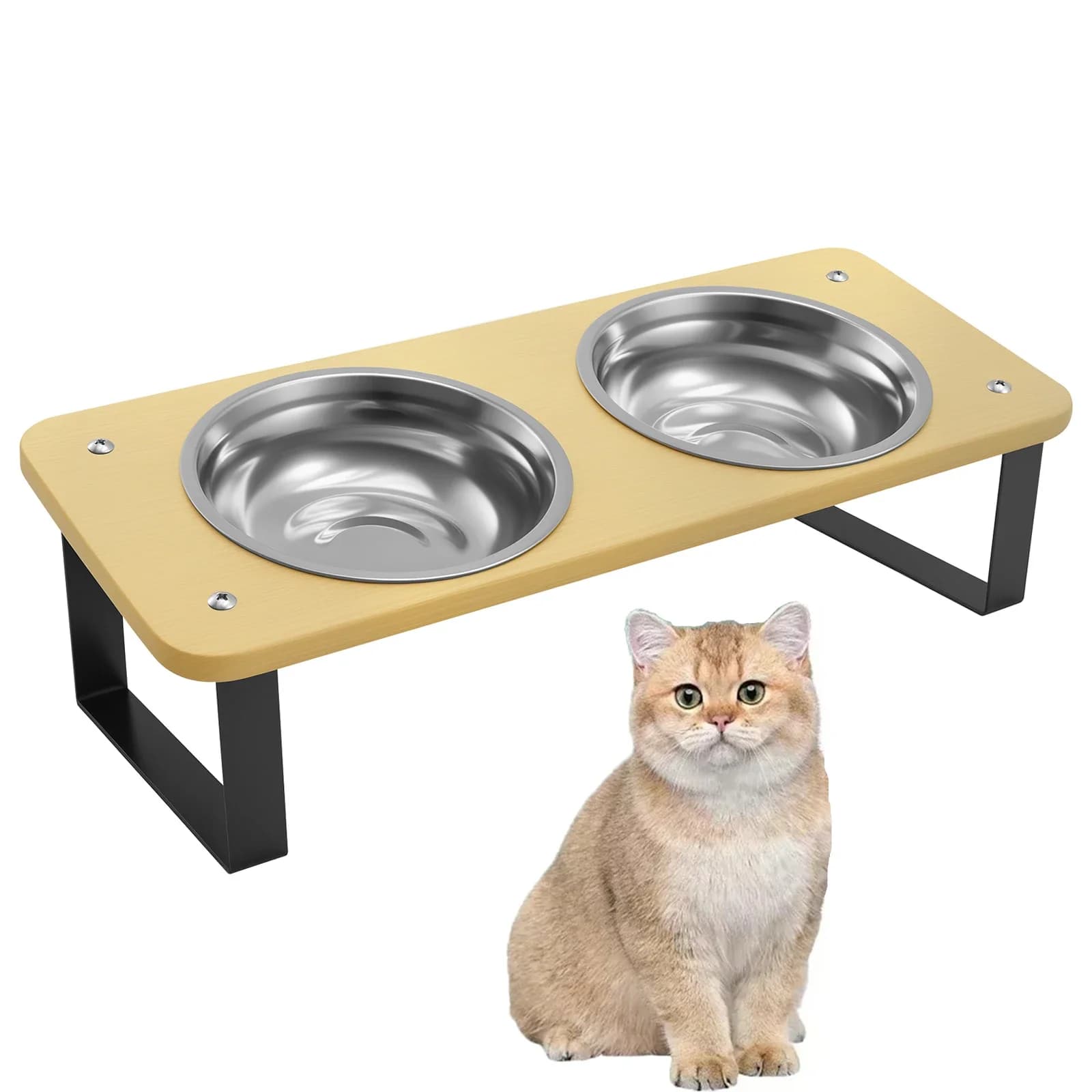 Ciotole doppie per gatti rialzate Supporto in legno di ferro Ciotola antiscivolo in acciaio inossidabile Dispenser per bevande per alimenti per animali domestici per l'alimentazione di cani e gatti
