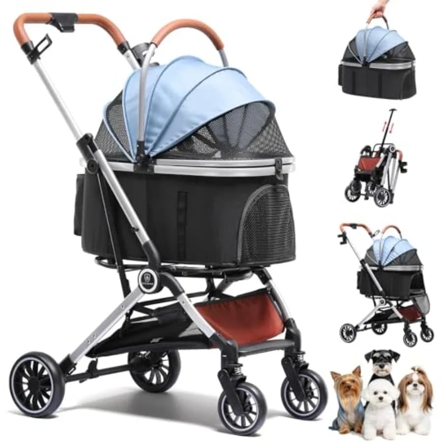 Passeggino 3 in 1 per Cani e Gatti di Piccola/Media Taglia, Tutto Terreno, in Nylon Azzurro con Tettuccio Parasole e Seggiolino Auto, Pieghevole con Ruote