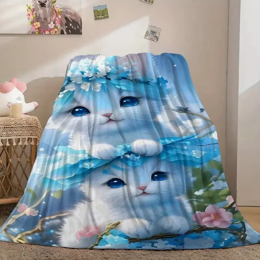 Coperta Quattro Stagioni con Motivo di Due Gattini Blu, Calda e Accogliente per Divano, Letto, Ufficio, Campeggio, Viaggi e Arredamento Casa