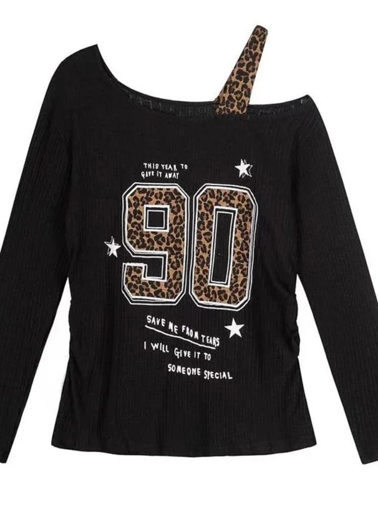 T-Shirt con Stampa Leopardata Stile Y2K, Maglietta Larga da Donna Streetwear, Top Casual Grunge