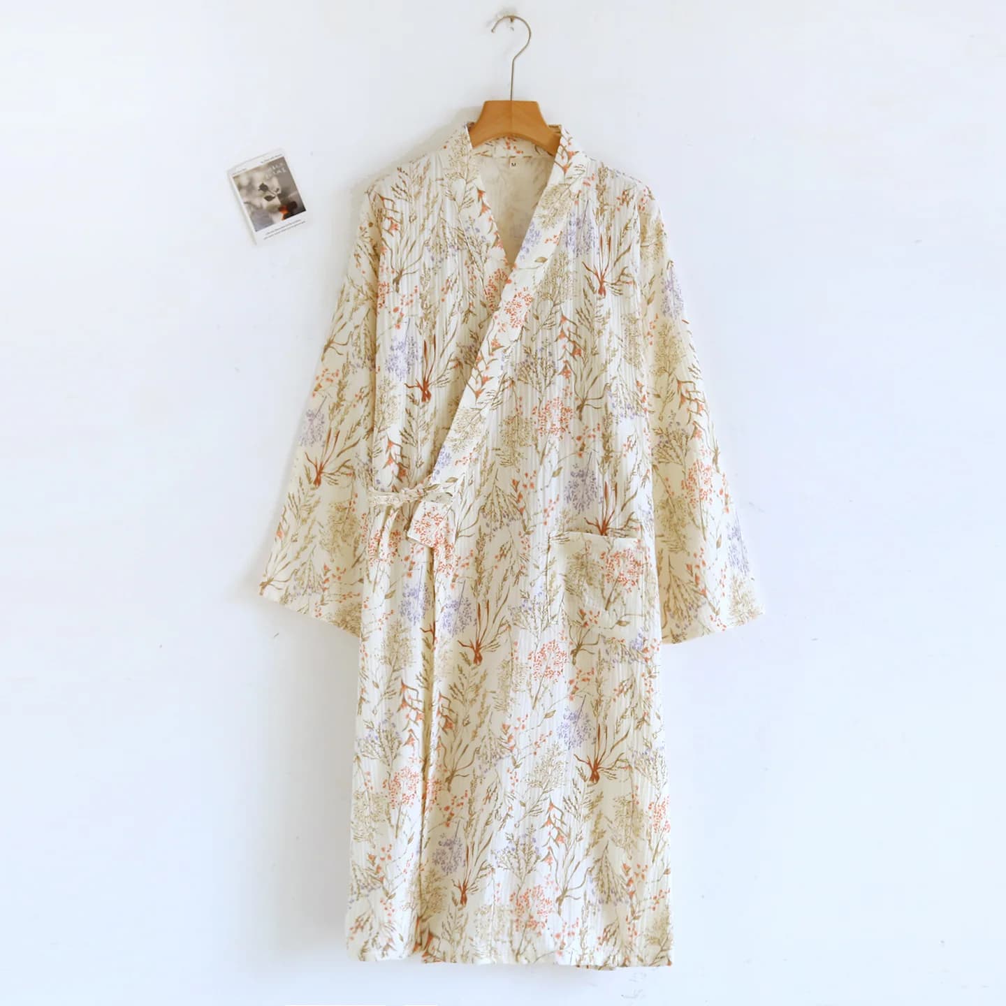 Print Cotton Gauze Sleepwear Kimono Bathrobe V-neck Nightwear With Pocket Women Home Clothes