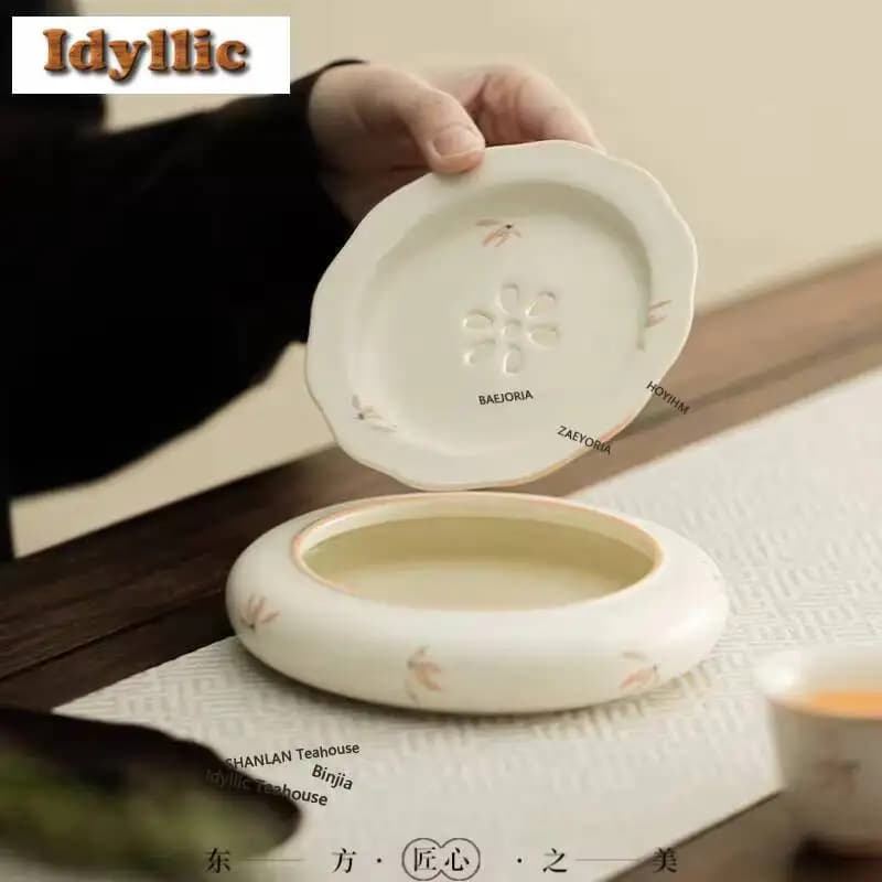 175ML Cream Ding Kiln Orchid Wind Chime Lace Pot Bearing Holder Japanese Water Storage Dry Brew Table Tea Tray Item Ornaments