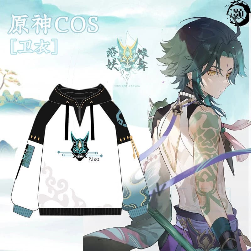 Giochi Genshin Impact Xiao top cappotto felpa con cappuccio moda Xiao fleece giacca bianca Costume Cosplay maschera Yaksha abbigliamento per uomo donna