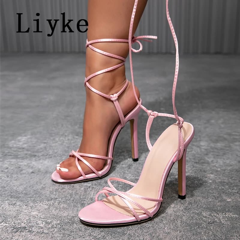 Liyke eleganti sandali da festa femminili in seta rosa fascia stretta punta aperta alla caviglia incrociata con lacci tacchi alti scarpe da sposa a spillo da donna
