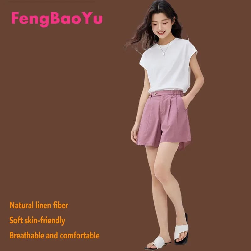 Fengbaoyu Pantaloncini Larghi da Donna in Lino 100% Naturale, Comodi e Alla Moda per l'Estate