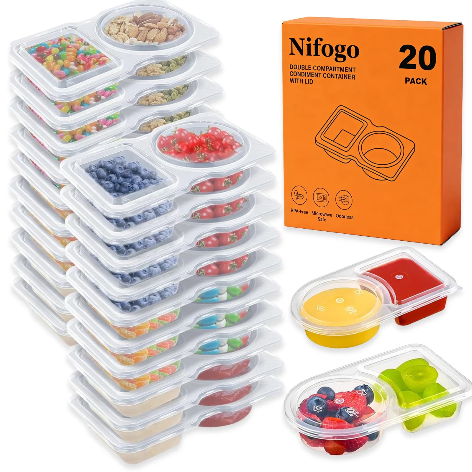Contenitori per Snack Riutilizzabili con Coperchi: Set da 20 Scatole Divise per Snack, Contenitori per Preparazione Pasti con Controllo Porzioni, Design a Doppio Scomparto