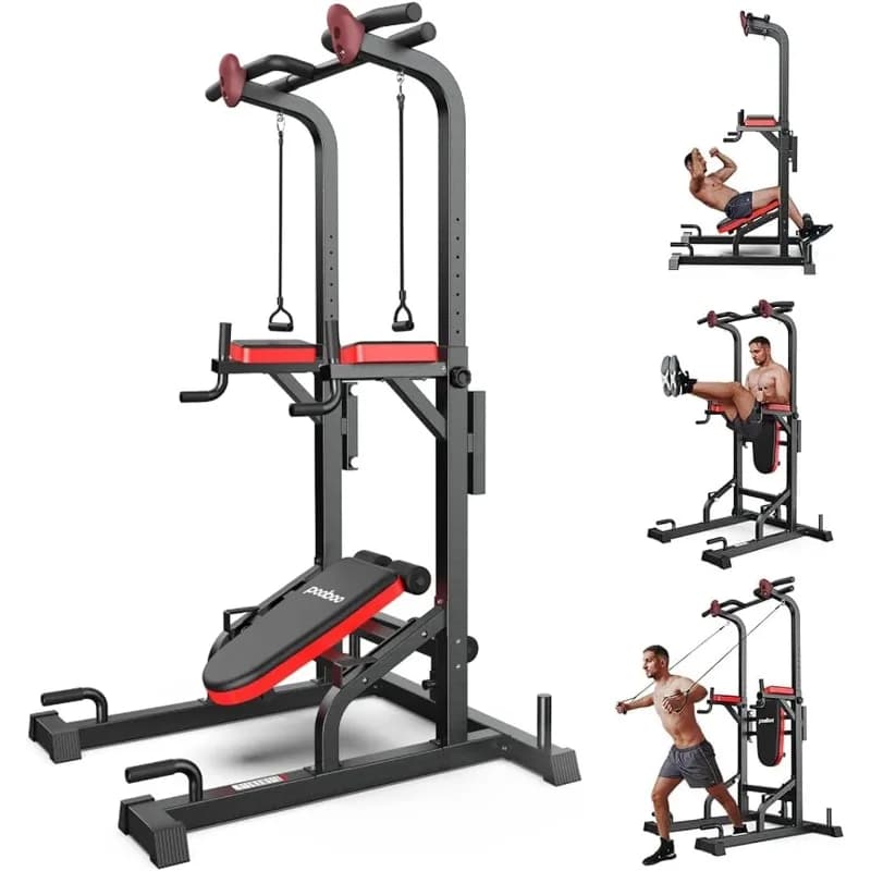 Pooboo Power Tower Dip Station con Barra per Trazioni per Allenamento Fitness a Casa, 450 Libbre, Multifunzione, Altezza Regolabile