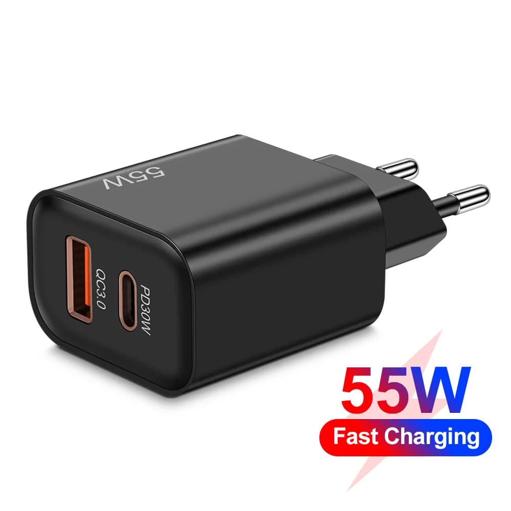 Caricatore USB C a 2 Porte 55W Ricarica Rapida QC3.0 con Spina EU/US per iPhone Samsung Xiaomi Huawei Adattatore di Alimentazione per Ricarica Veloce