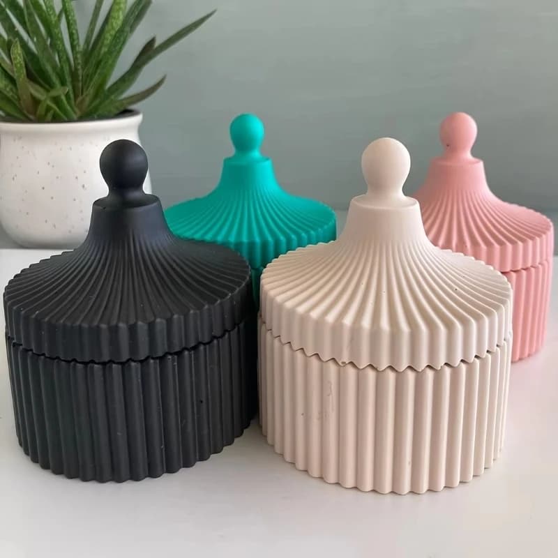 1 set di stampi per barattoli di candele in silicone con coperchio a strisce rotonde per la creazione di stampi in gesso per scatole di gioielli