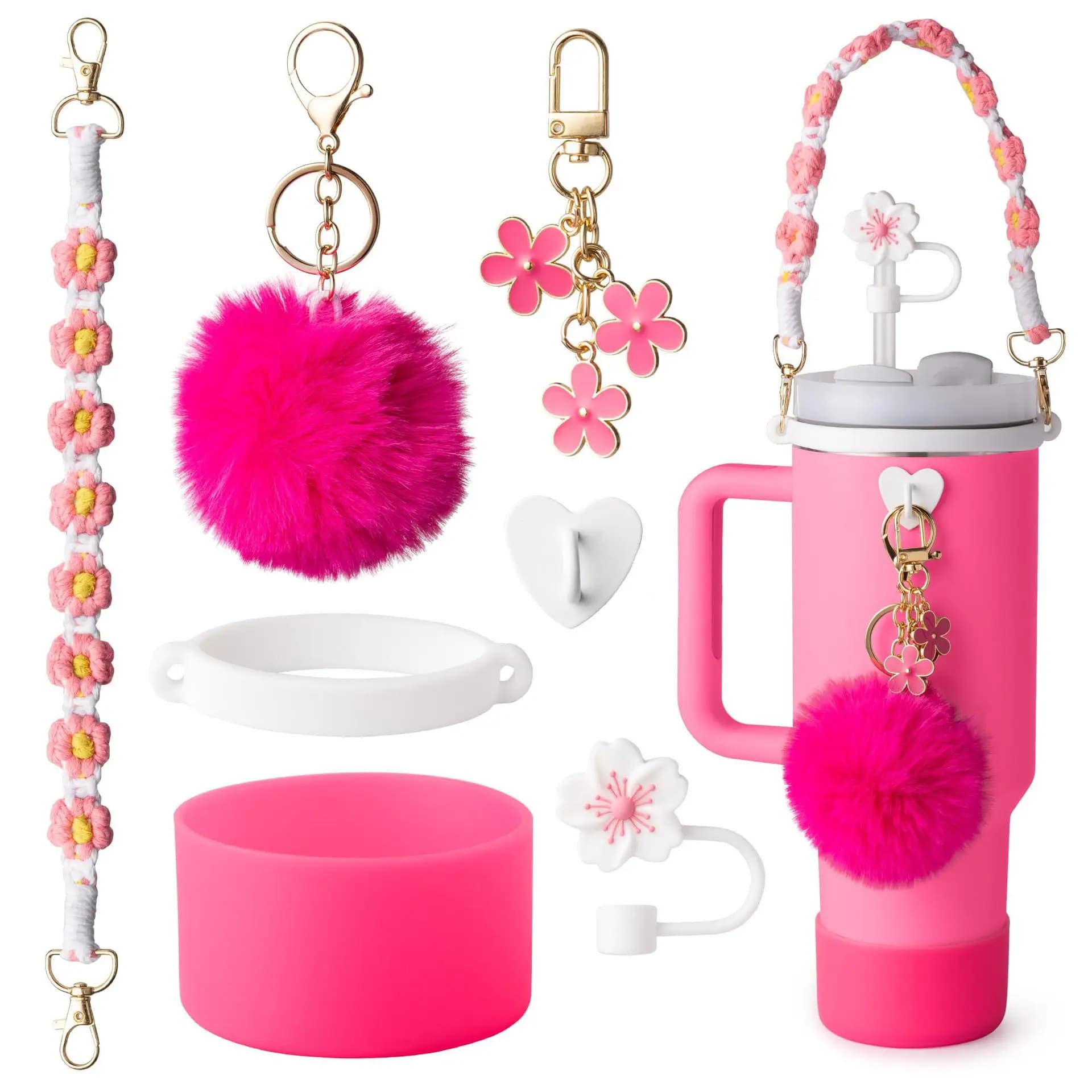 Hot Selling 7Pcs for for Stanley Cup Floral Straw Topper Heart Keychain Pom Pom Pendant Silicone Cup Sleeve Hand Strap