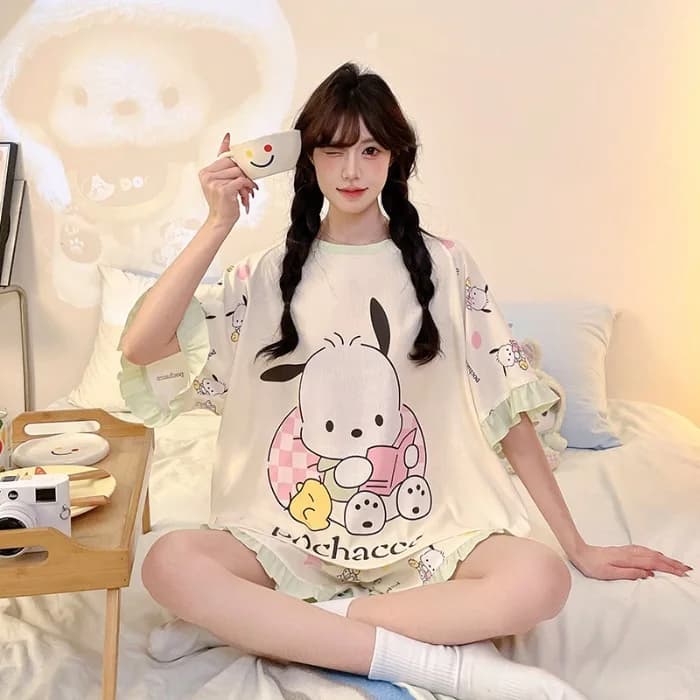 Cinnamoroll Women's Summer Cloud Cotton Pajama Set Short Sleeve Round Neck Loose Fit Cute Cartoon Print Comfy Home Loungewear