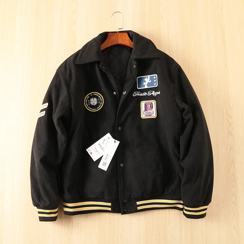 Autumn Winter Men's Loose Casual All-Match Corduroy Patchwork Embroidered Cotton Jacket Fashionable Urban Style Sport Scene