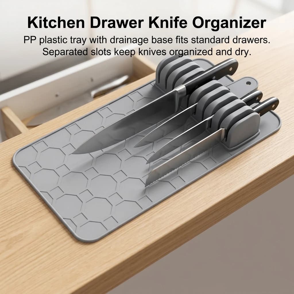 PP Plastic Knife Organizer Tray for Kitchen Drawer Home Cooks Draining Base Non Slip Feet Food Grade Storage Rack Durable