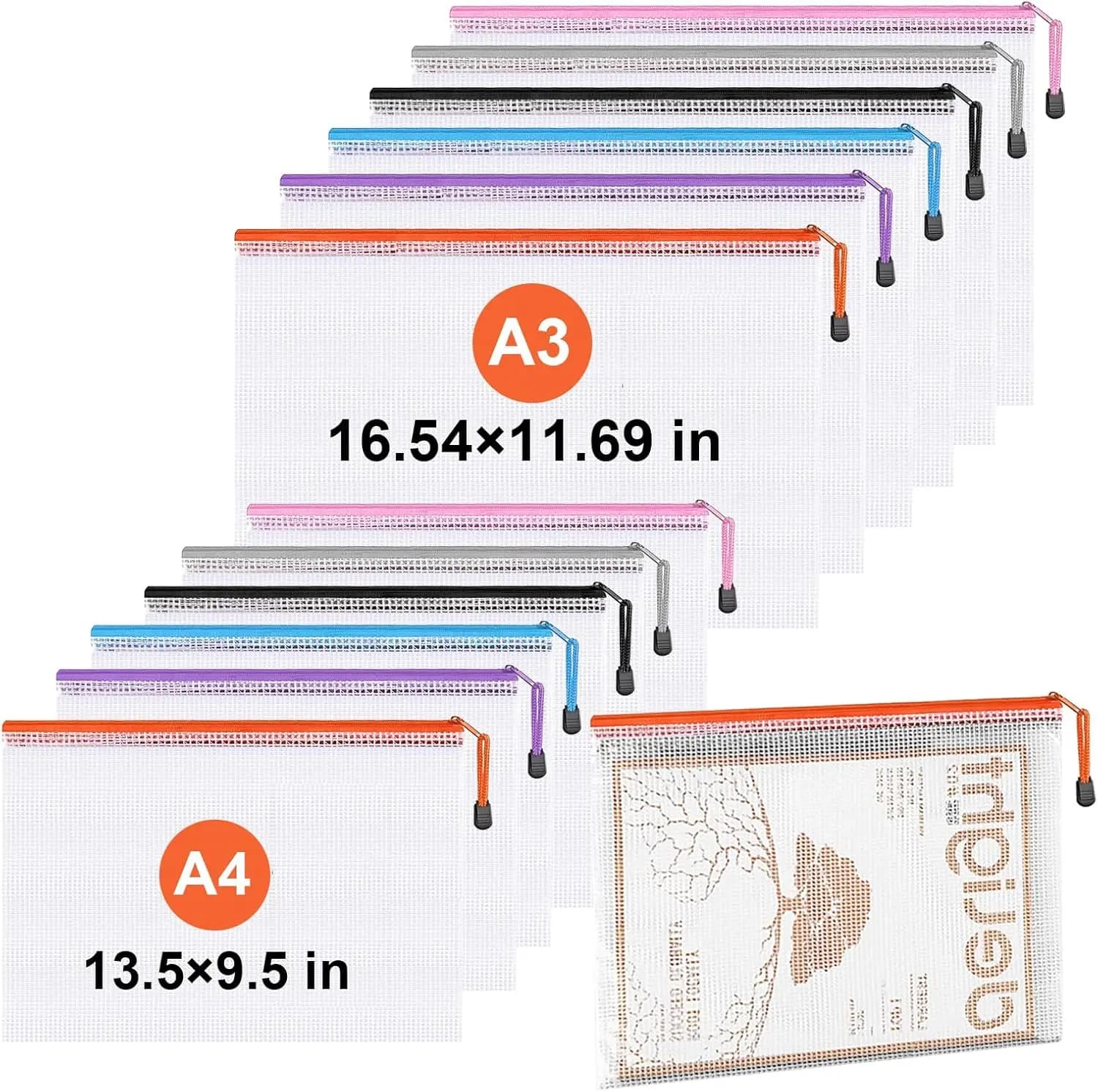 Borsa per documenti con cerniera in rete di plastica A3, cartella di file impermeabile e resistente allo strappo, borsa per documenti con cerniera multi-dimensione per la casa dell'ufficio scolastico