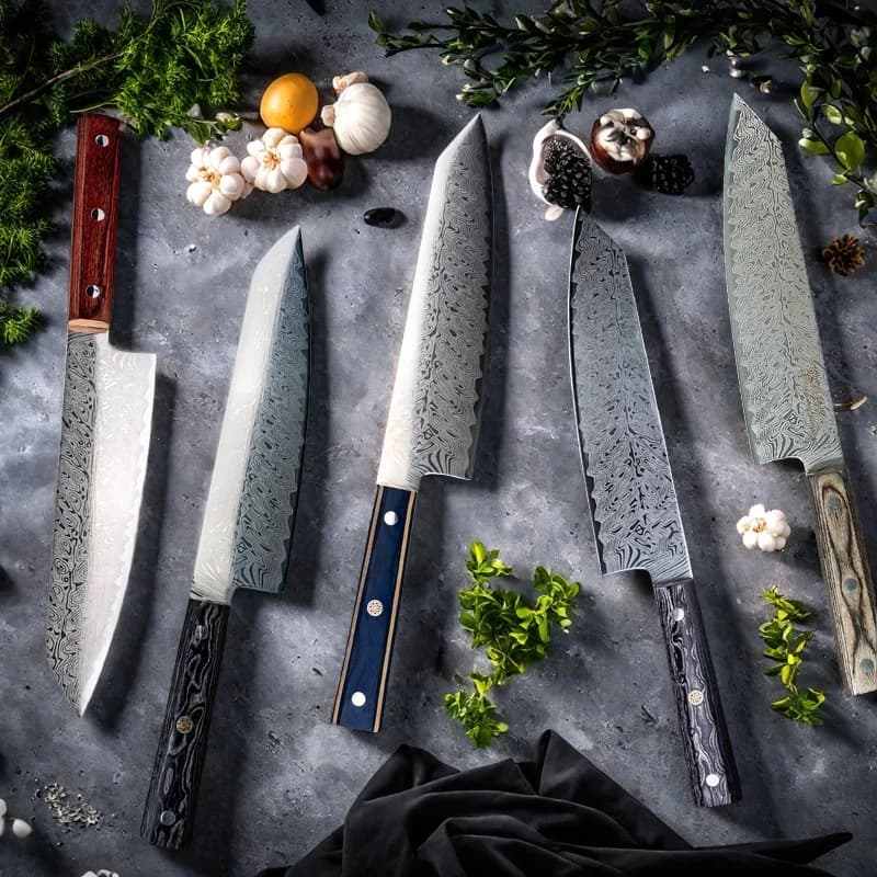 DamascusPattern Coltello da cuoco Coltelli da cucina Modello Affilato Coltello giapponese Santoku Mannaia Coltello per affettare Manico in legno massello Cuchillos