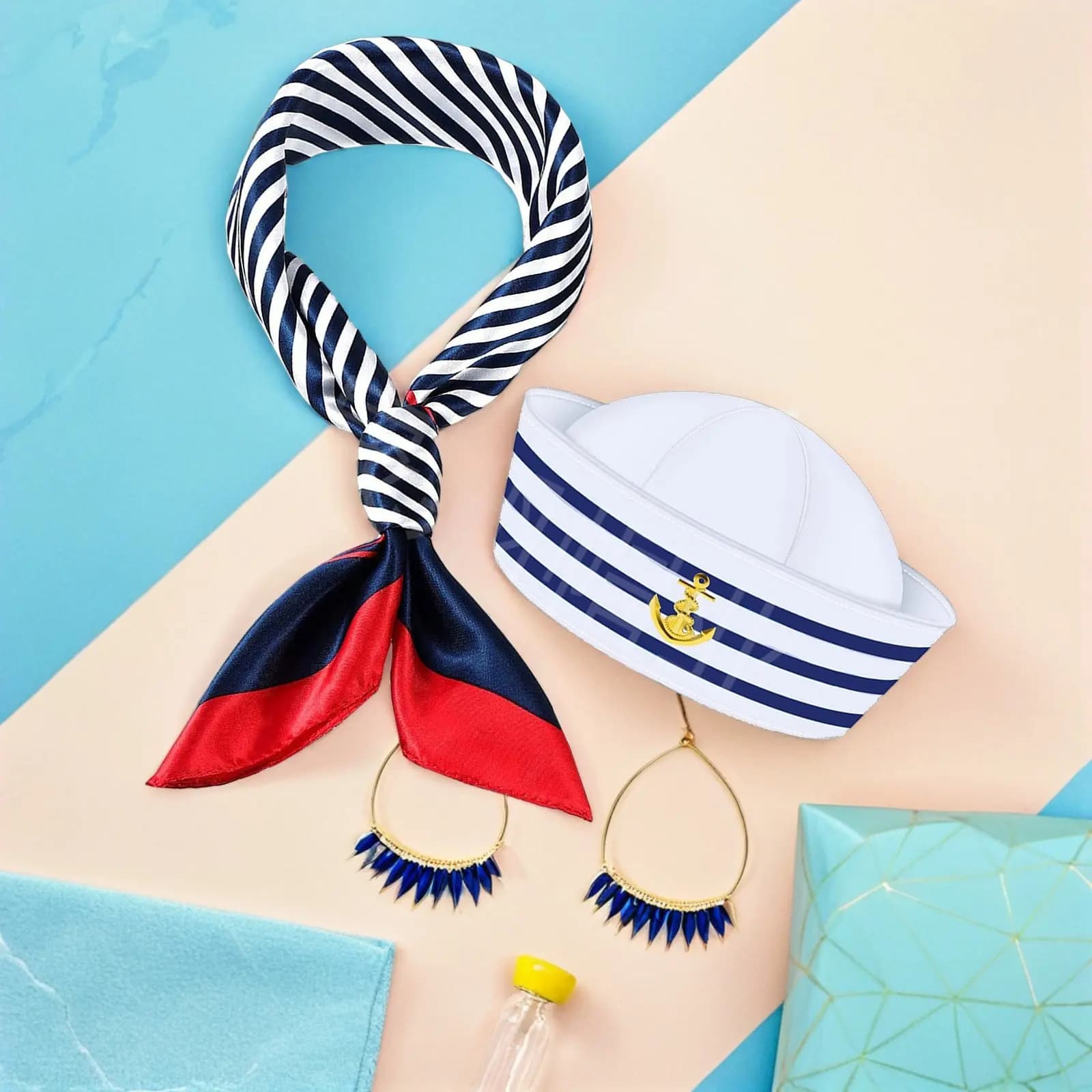 Sea Captain Outfit Set Includes Sailor Hat Scarf Nautical Costume for Men Women Kids Marine Theme Dress Up Party Accessory