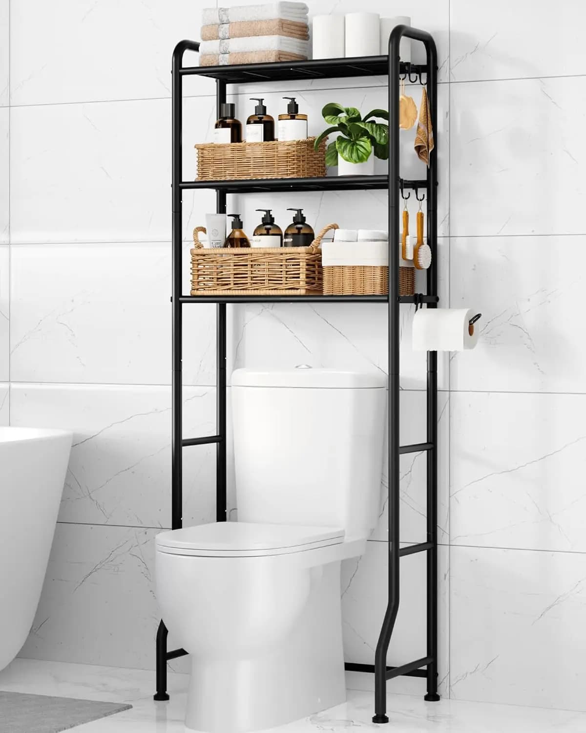 Scaffale portaoggetti in metallo da posizionare sopra il WC con porta carta igienica e ganci, organizer da bagno a 3 livelli in nero (160 cm H)