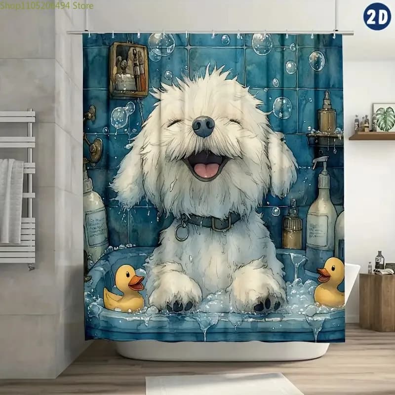 1 tenda da doccia con stampa piatta 2D, motivo simpatico cane maltese bianco, resistente, facile da pulire, include ganci in plastica - Ideale per il bagno