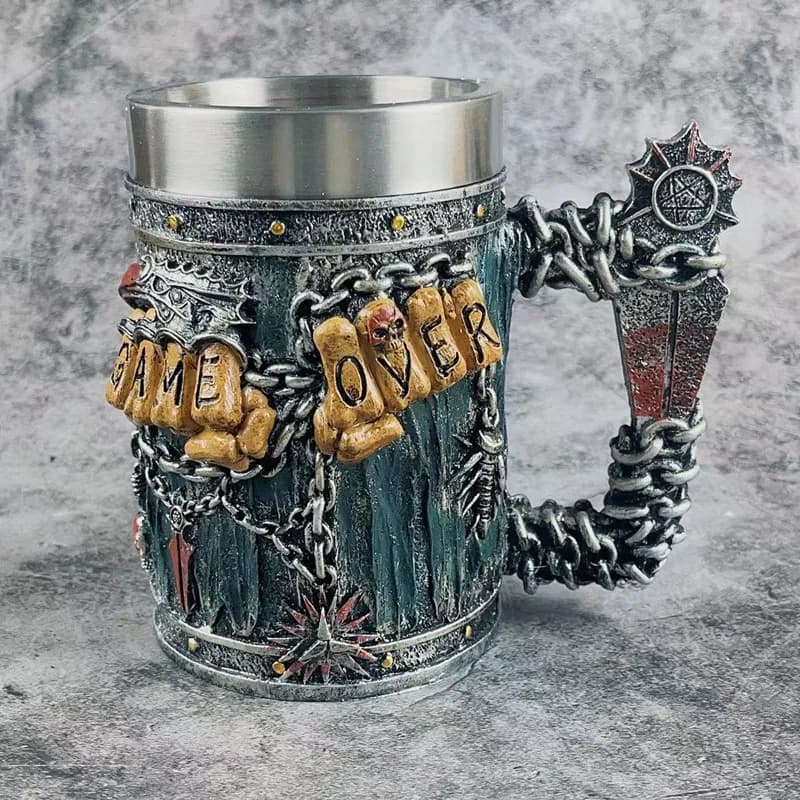 Boccale da Birra Valhalla 550ML in Acciaio Inossidabile con Manico Singolo, Design Teschio di Corno Vichingo Nordico