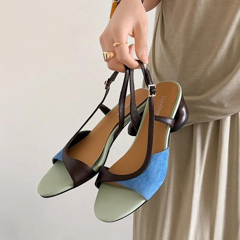 New Summer Sandals Women Shoes Round Toe Shoes for Women Fashion Mixed Color Sandals Handmade Open Toe High Heels Roman Sandals