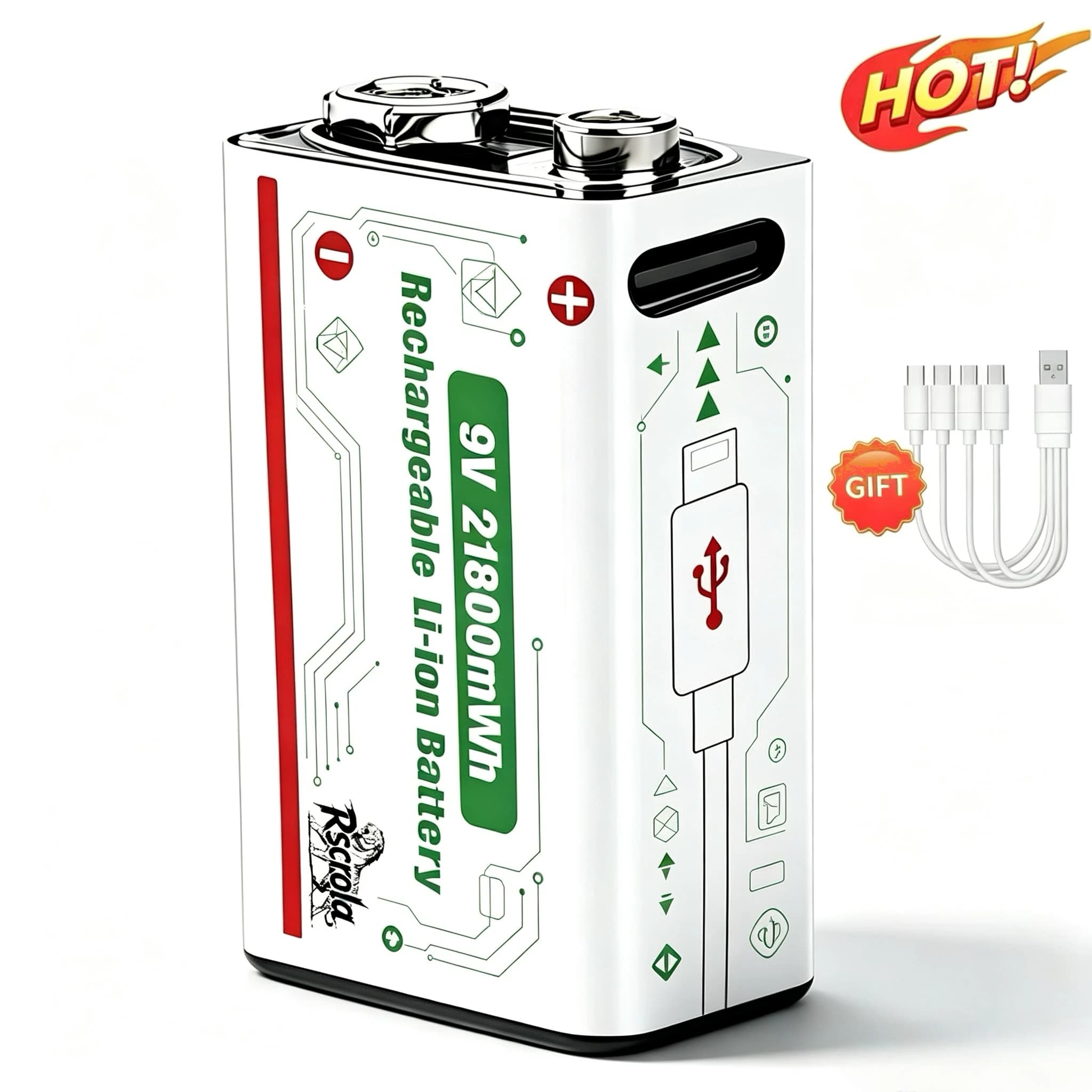 9V 21800mWh Rechargeable Lithium-Ion Battery 21800mWh High Capacity with Cable for Guitar Microphone Smoke Detector Pedal